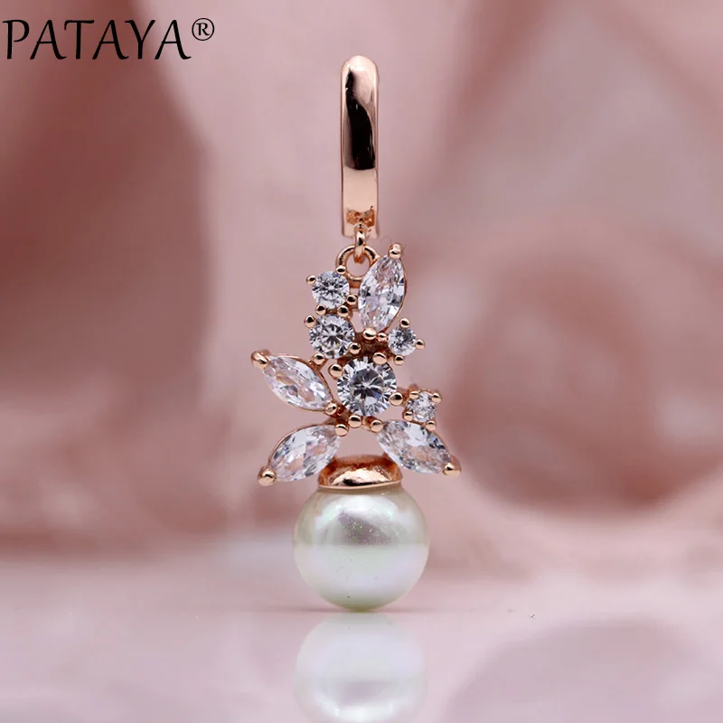 PATAYA New Shell Pearls Long Dangle Earrings Women Fashion White Round Natural Zircon 585 Rose Gold Color Wedding Party Jewelry