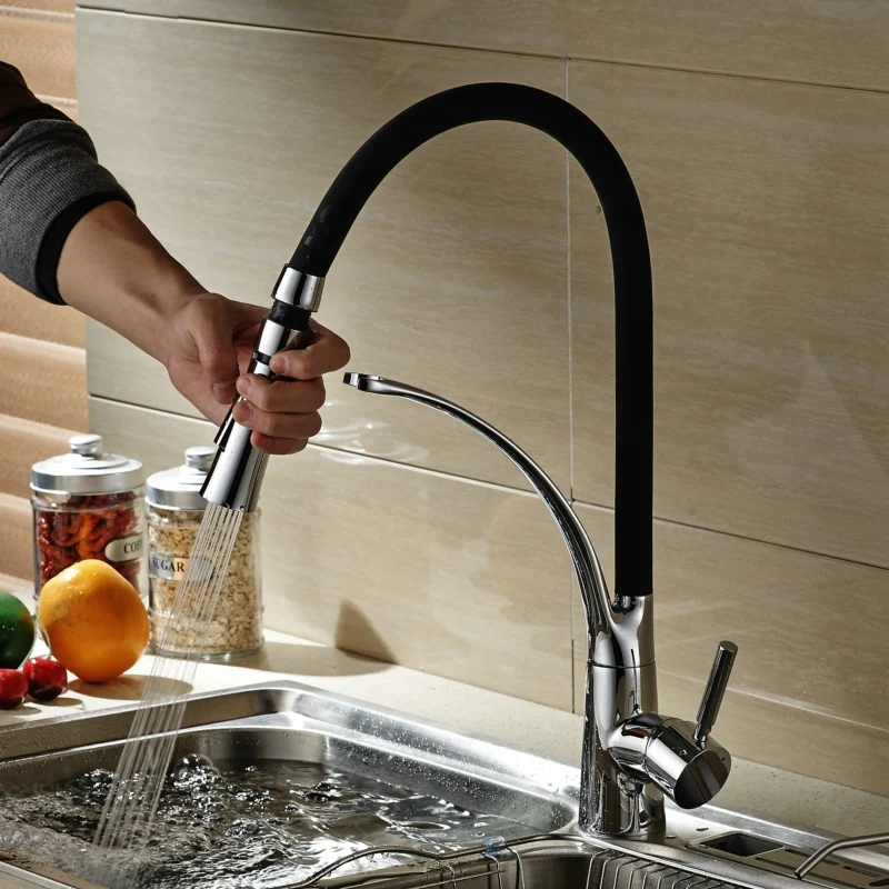 Becola Pull Down Kitchen Faucet Deck Mounted Sink Mixer Tap Hot and Cold Water Black Faucet B-9205B