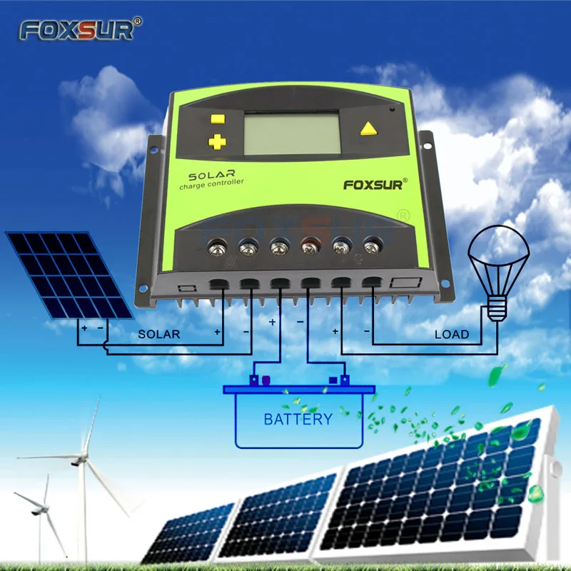 FOXSUR LCD Solar Charge Controller 60A PWM 12V 24V Auto Solar Panel Charging Discharge Regulator, Parameter Adjustable