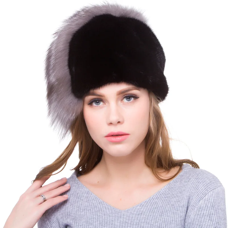 

Luxury Handmade Autumn Winter Women's Genuine Whole skin Mink Fur Beanies Hats Silver Fox Fur Tail Lady Warm Caps VF5053
