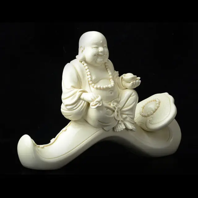 Exquisite China Dehua Porcelain Happy Laugh Maitreya Buddha Hold Yuanbao Wishful Statue