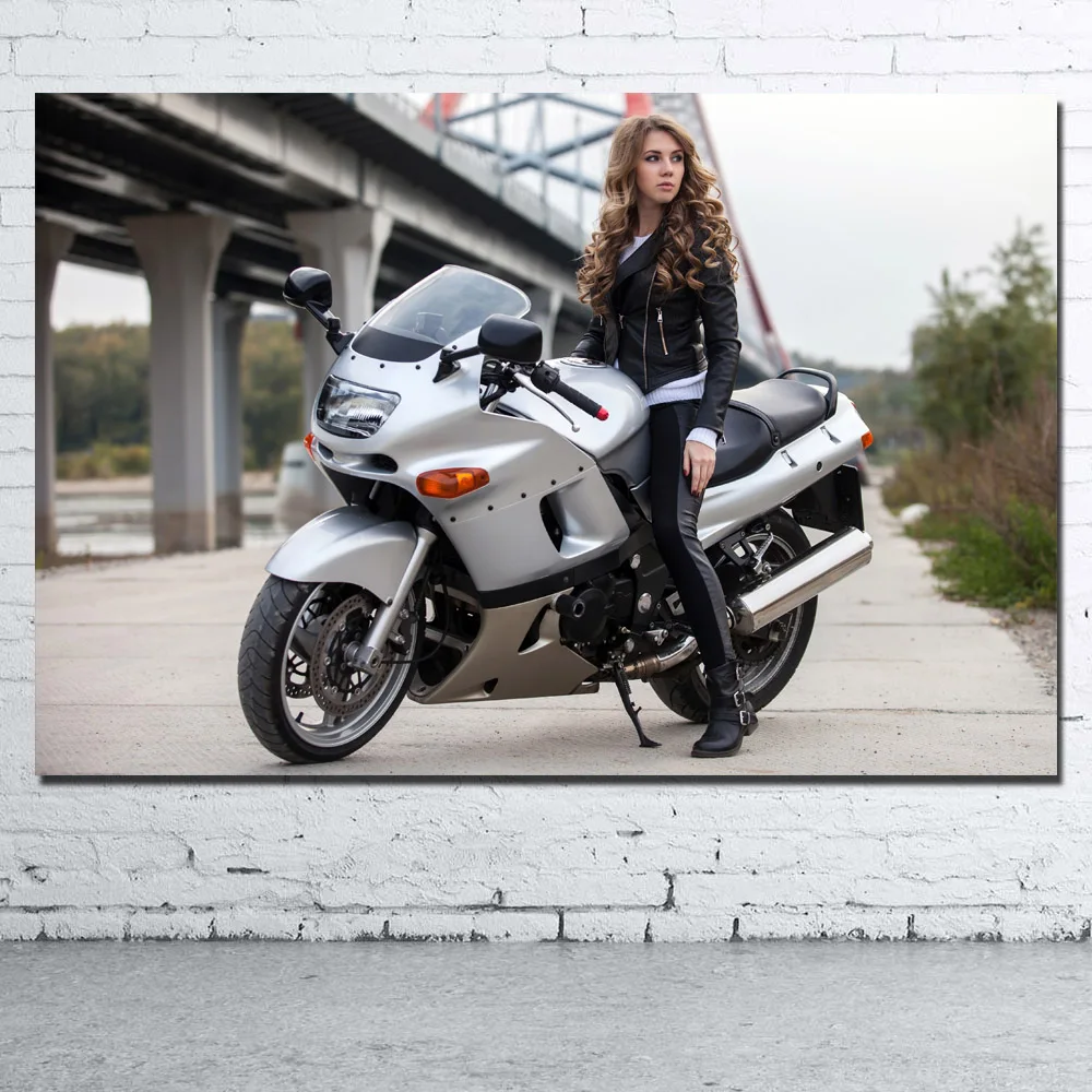 Motorcycle Blonde Girl Canvas Painting Posters and Prints women with bikes Wall Picture Art For Home Decor