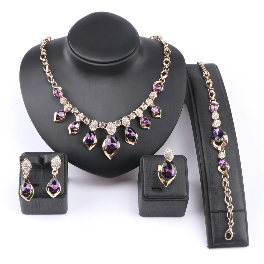 African Jewelry Set Gold Color Purple Zircon Austrian Crystal Women Wedding Necklace Bracelet Earring Ring Jewelry Set