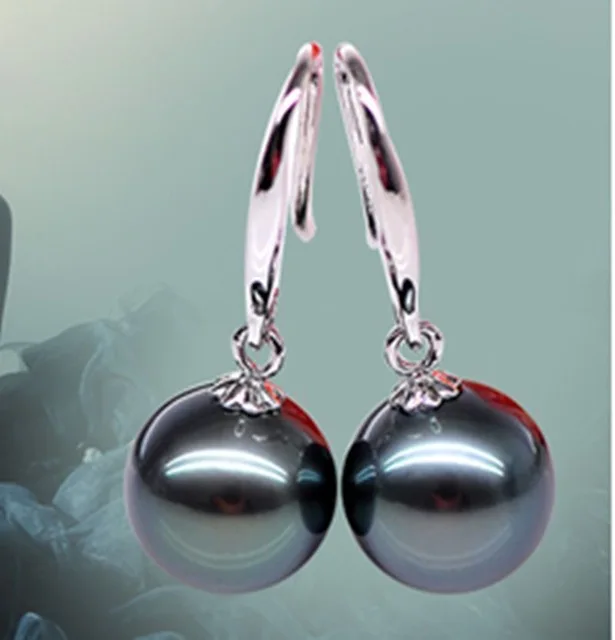 

hot sell new - 10mm Genuine Black South Sea Shell Pearl Sterling Silver Dangle Earrings AAA