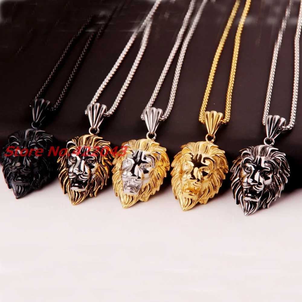 Hip Hop Lion Head   Casting Silver Gold Black Color Pendant Necklace For Mens Boys Stainless Steel Male Jewelry Friendship Gift