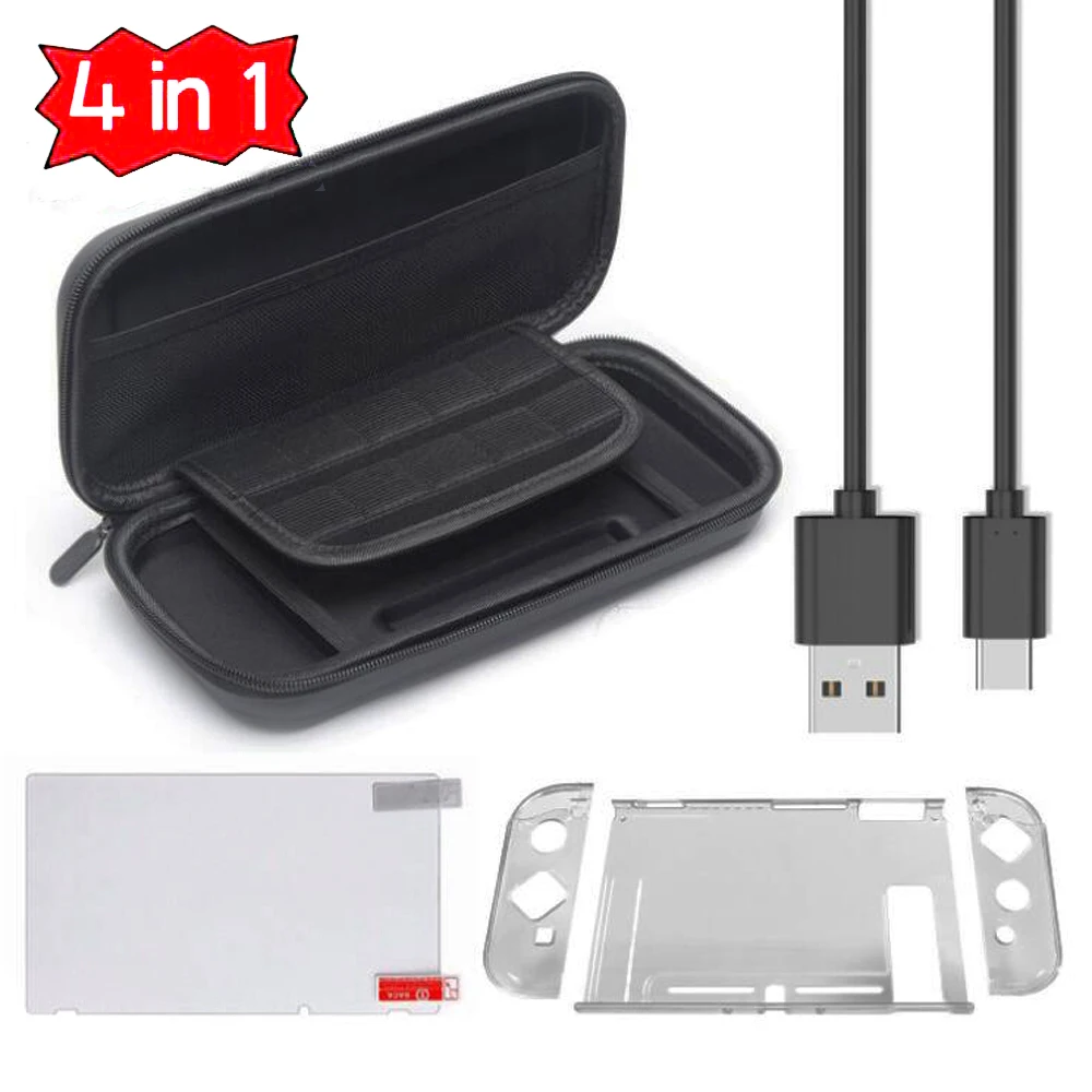 10set/lot 4 in 1 Accessories for Nintend Switch USB Cable + Storage Bag + Tempered Glass Screen Protector + Clear Cover Case