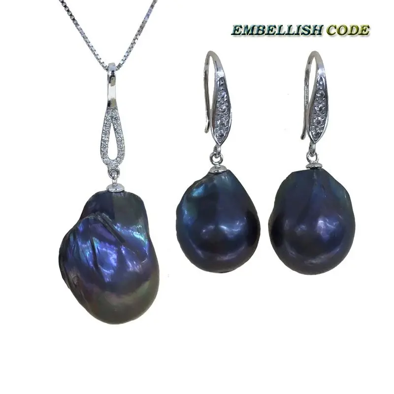 black blue fireball pear shape baroque pearl sets hook earrings pendant plus size natural freshwater Cultured pearls box chain