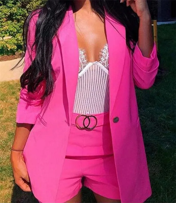 

Fuchsia Summer Women Pantsuits Custom Made 2 Piece (Short Pants+Jacket) Formal Uniform Ladies Work Wear Blazer Outfit Pantsuit