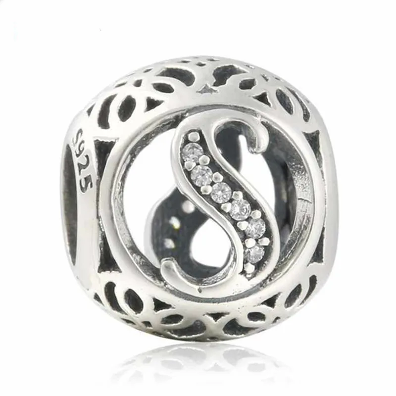 

New 925 Sterling Silver Openwork Letter S Charm Vintage Alphabet Beads For Jewelry Making Fit Original Pandora Bracelet