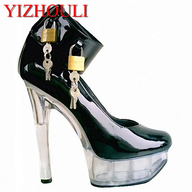 The 15cm crystal soles are displayed in response to bare metal trim, and the models stage party heels