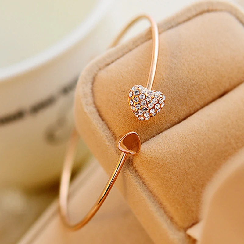 Adjustable Crystal Double Heart Bow Bilezik Cuff Opening Bracelet Hot New Fashion Women Jewelry Gift Mujer Pulseras