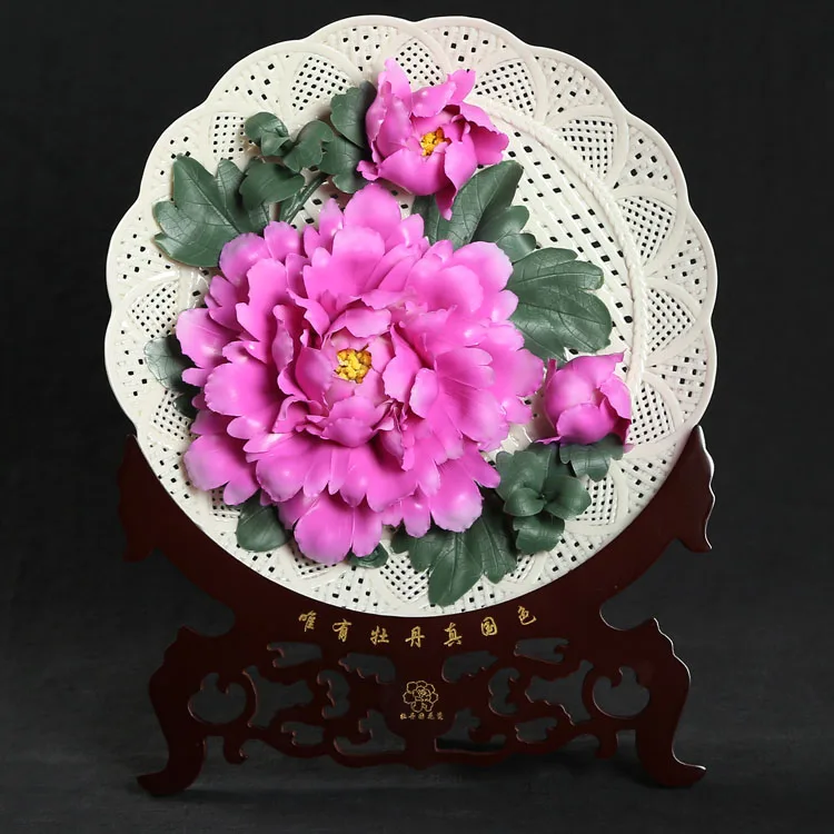 12 inch Luoyang red peony porcelain Dehua ceramic ornaments hanging plate business gifts gift box with a disk