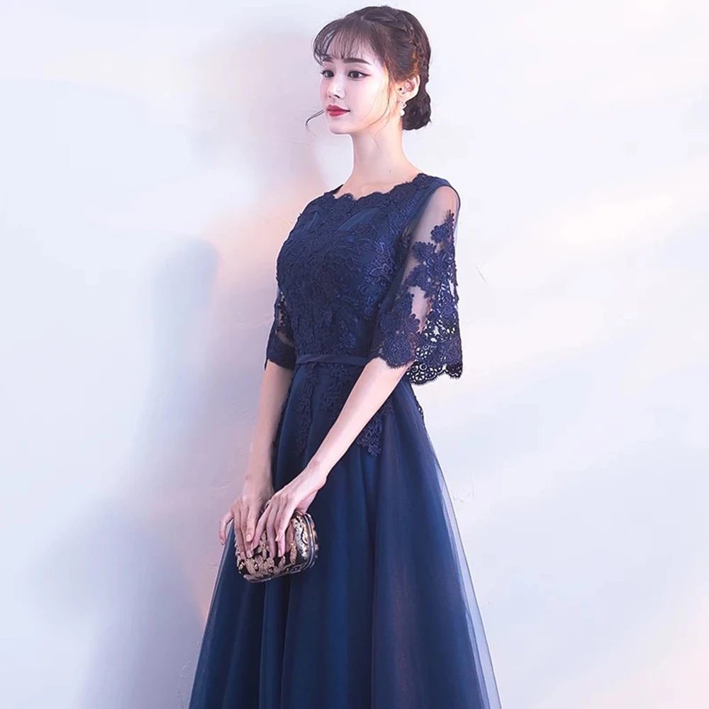 DONGCMY NEW ARRIVAL EVENING DRESS BANDAGE LACE EMBROIDERY LUXURY SATIN SHORT SLEEVED LONG ELEGANT ROBE DE SOIREE GOWN