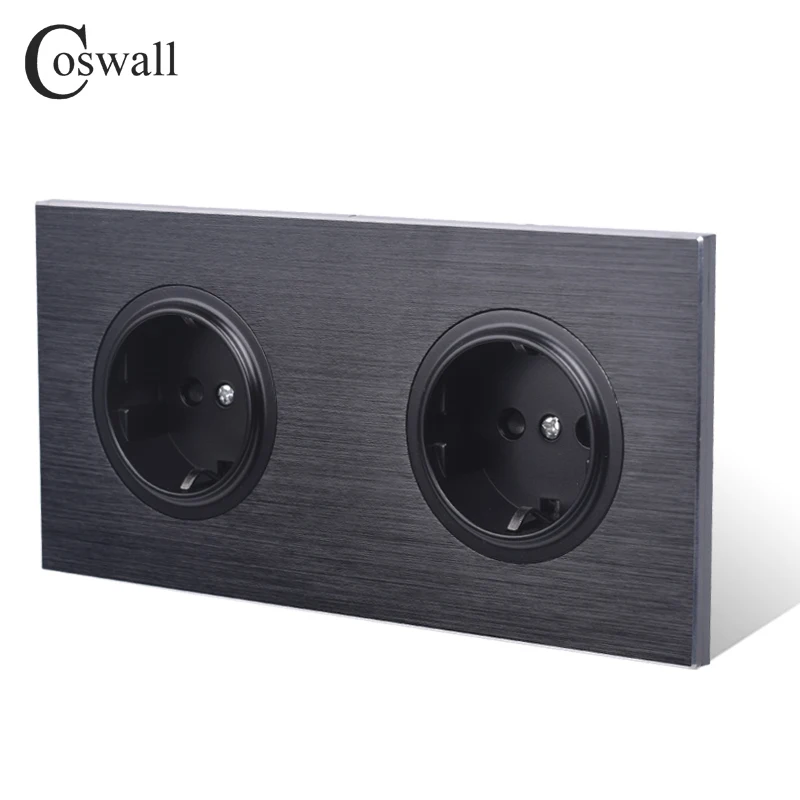 Coswall Brushed Black / Silver Grey Aluminum Metal Panel Double EU Russia Wall Socket Grounded With Children Protective Door