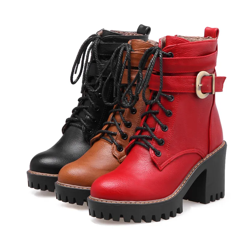 Asumer 2022 NEW women boots black wine red zipper lace up buckle ankle boots square high heels autumn winter shoe platform boots