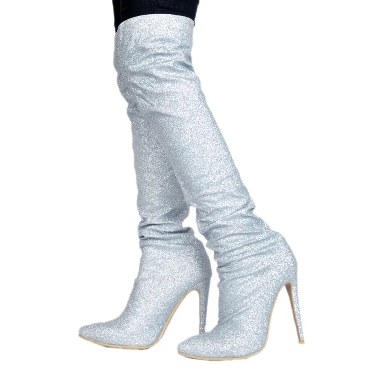 Botas feminina plus size 45 sliver high heel pointed toe long thigh high boots glitter botines stretch overknee boots woman shoe