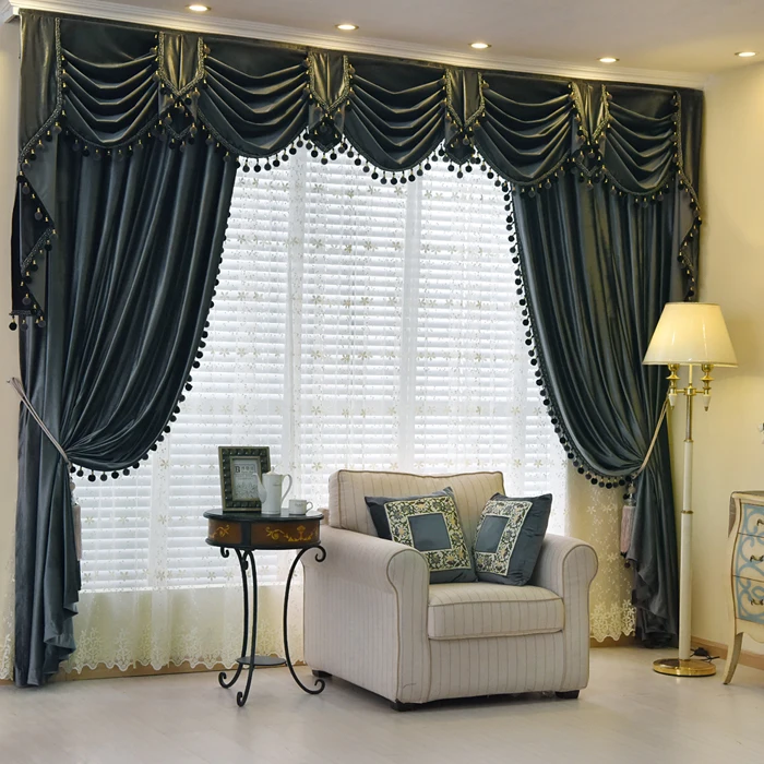 Custom curtain high-grade European luxury Italy velvet thick dark grey solid cloth blackout curtain valance tulle sheer E789