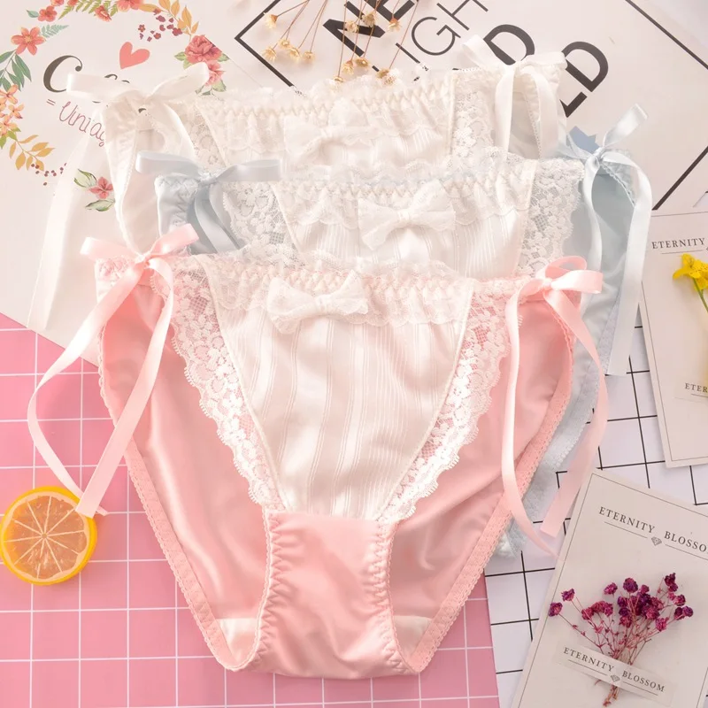 Styl japoński dziewczyna majtki łuk mleka jedwabiu kobiet koronki bielizna niskiej talii miękkie Sexy Breifs śliczne piękne Sweety Knickers