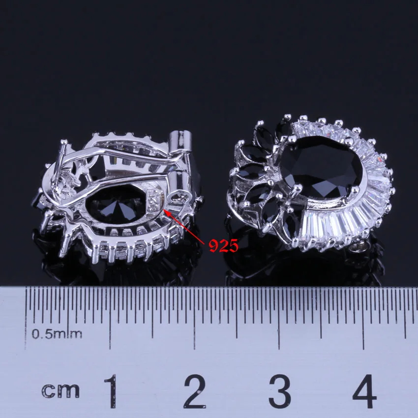 Sublime Flower Black Cubic Zirconia White CZ Silver Plated Jewelry Sets Earrings Pendant Nacklace Chain Ring V1002