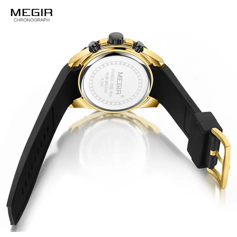 MEGIR Men\'s Quartz Watches Silicone Strap Leisure Sports Chronograph Wristwatch for Man Clock Relogios Masculino 2086 Gold Black