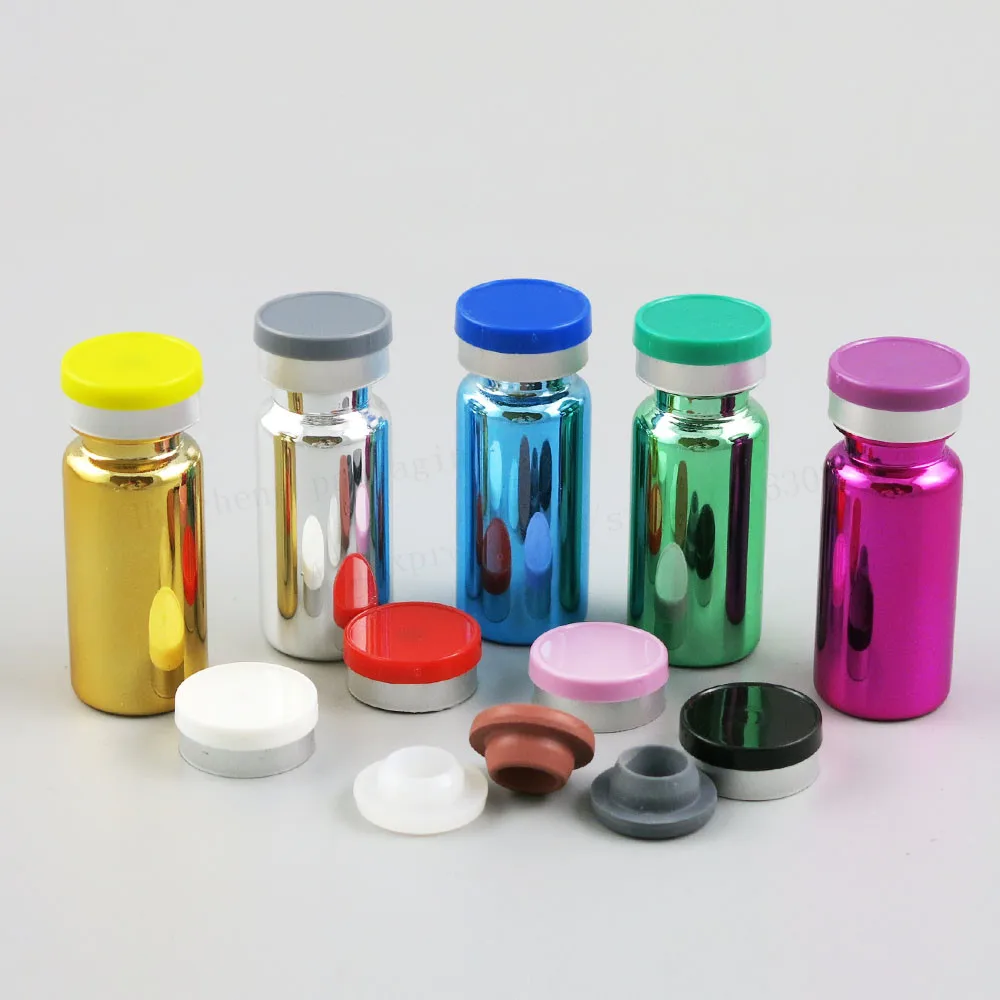 

500 X 10ml UV Blue Gold Silver Green Purple Injection Glass Vial Plastic Cap 1/3oz Glass Bottle 10cc Glass Containers 100pcs