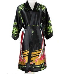 Sexy Black Chinese Women Silk Short Robe National Lingerie Nightgown Sleepwear Kimono Bath Gown Pijamas Plus Size XXXL NR046