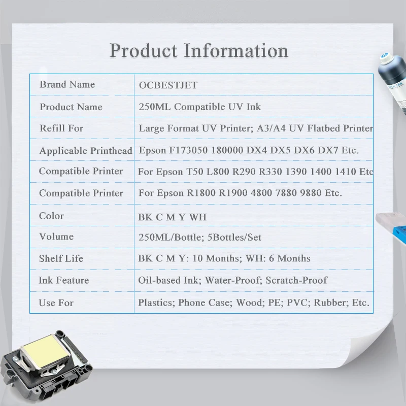 250ML * * * * * * * * 5 LED UV Curing หมึกสำหรับ Epson 1390 L800 1400 1410 1430 1500W R290 R330 L805 l1800 UV หมึกสำหรับเครื่องพิมพ์ UV