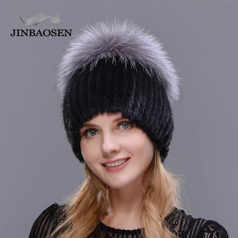 JINBAOSEN Style Winter Female Fur Hat Mink Fur Plus Fox Fur Stitching Knit Liner Fur Ski Hat Free Shipping