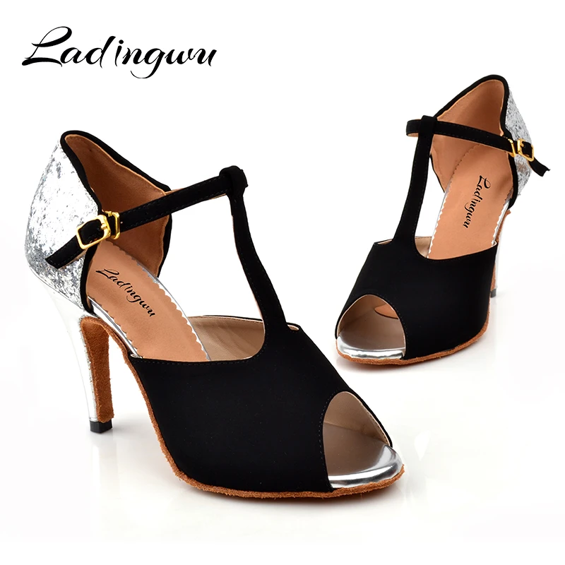 

Ladingwu Dance Shoes Latin Women Black Flannel and Silver Glitter Ballroom Dance Shoes Salsa Woman sandals for dance Heels 10cm