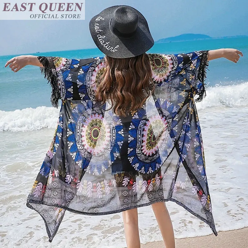 Bohemian wanita panjang blus hot sale pantai sifon rumbai floral print v-neck tiga perempat kemeja lengan batwing perempuan DD709 L