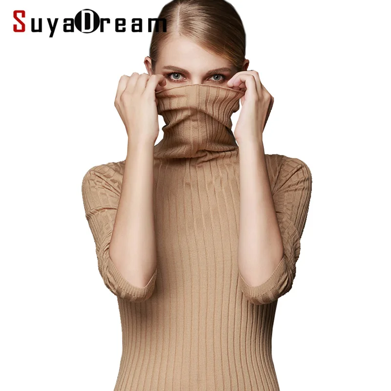 SuyaDream Women Wool Turtleneck Pullover 100%Wool Rib Knits Solid Sweaters White Black Khaki Bottoming pull femme