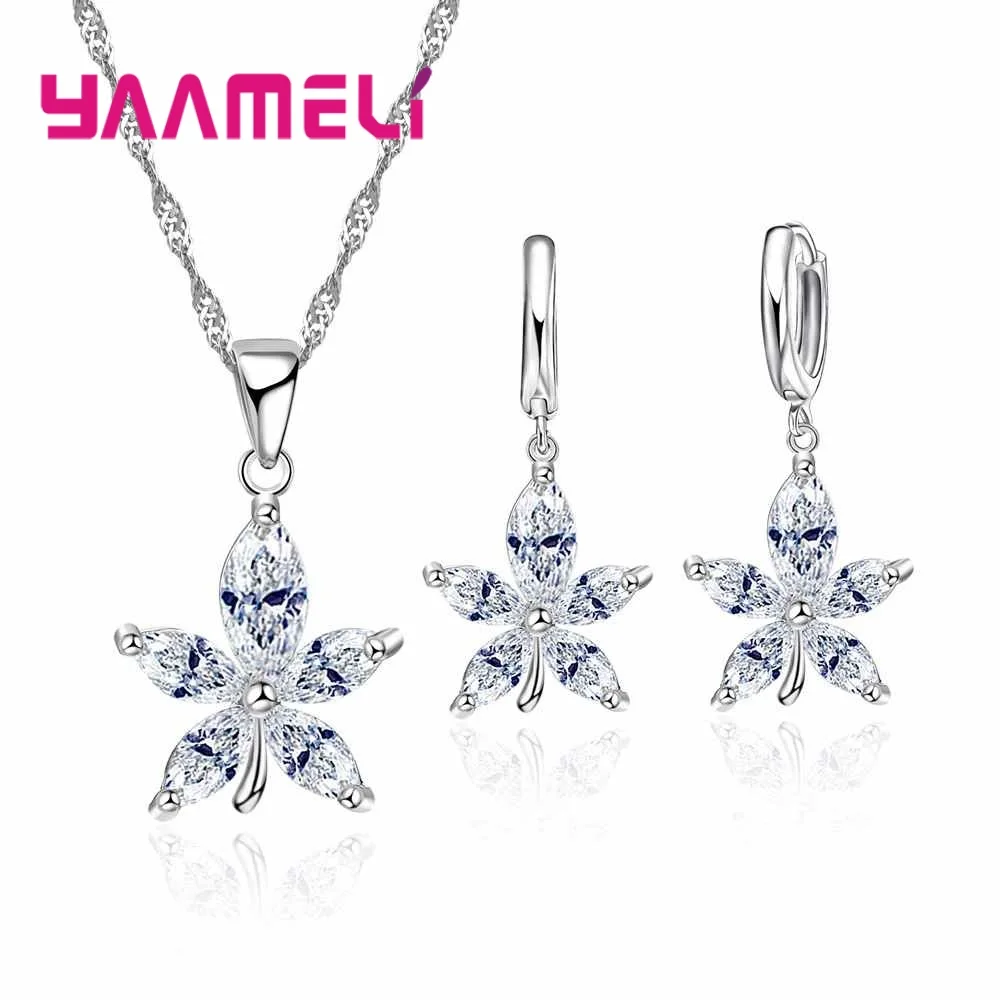 Shiny Flower Shape Luxurious Jewelry Sets for Ladies Gift with Cubic Zirconia Necklace Earrings for Women Wedding Party