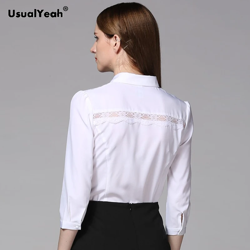 UsualYeah Black Lace Patch Body Shirt Autumn 3/4 Sleeve Smart Office Lady Work Wear Solid Color Bodysuit White