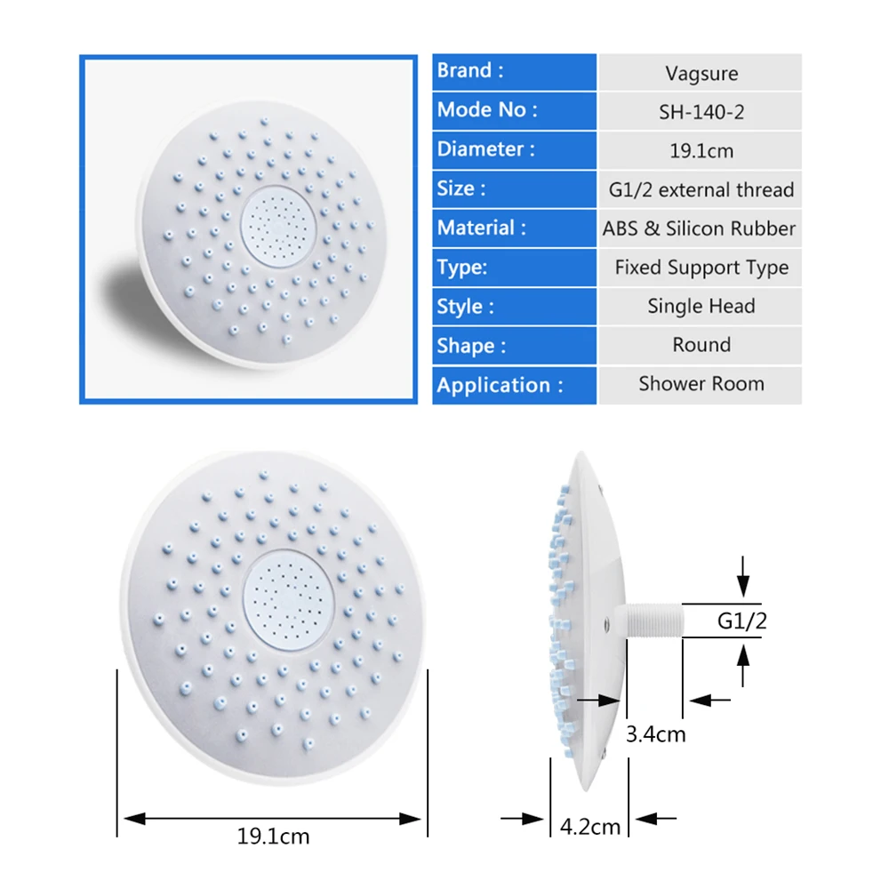 1pc 19cm Round ABS Silicon Rubber Screwed Design Rainfall Water Saving Top Shower Head For Rain Shower Cabin Room Roof Faucets