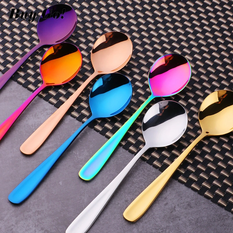 1PC Stainless Steel Round Spoon Gold Small Soup Spoon Dinner Server Flatware Tea Coffee Dessert Dinnerware Party Restaurant Tool