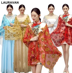 Women long tassel Gold Silver Red Lace sequins shawl For cheongsam dress Wrap performance Embroidered Wedding Accessories