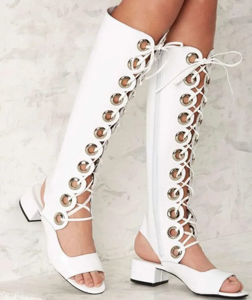 

Ladies Elegant White Grommet Cross-tied Chunky Heel Rome Style Long Tube Boot Summer Sexy Women Med Heels Sandals Boots Sandals