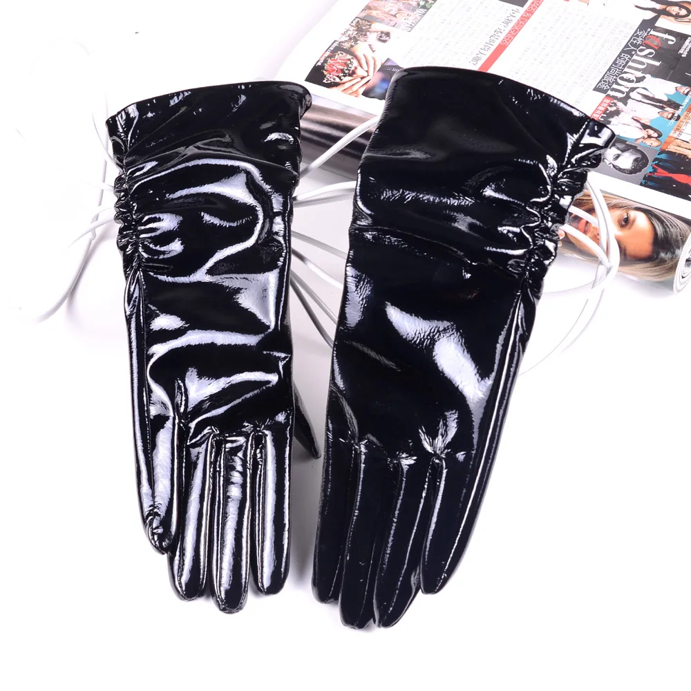 Women\'s ladies Genuine Shiny leather Patent Leather Black Mid-Long evening gloves Ruched Gloves