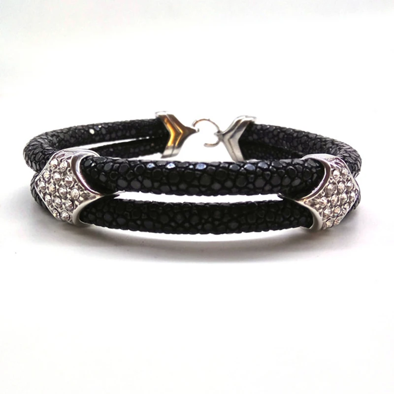 Fashion Two Layer Genuine Thailand 5mm Black Stingray Leather Bangle High Polished Silve Stainless Steel Bracelet with White CZ