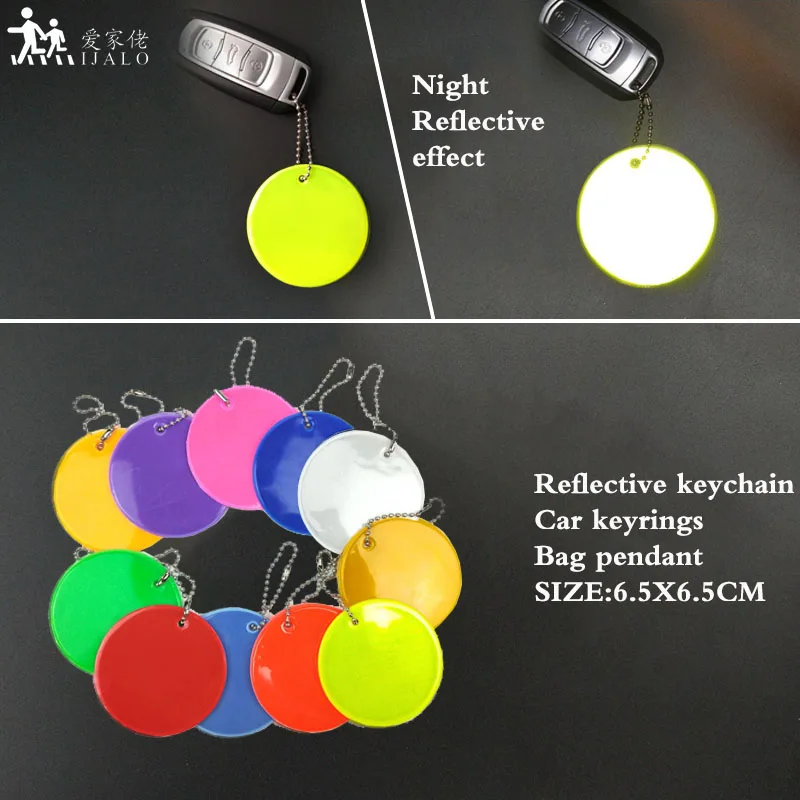 6.5CM Round Reflective Keychains Charm Bag Pendant Accessories Reflective Keyrings For Road Safety Use 11 color