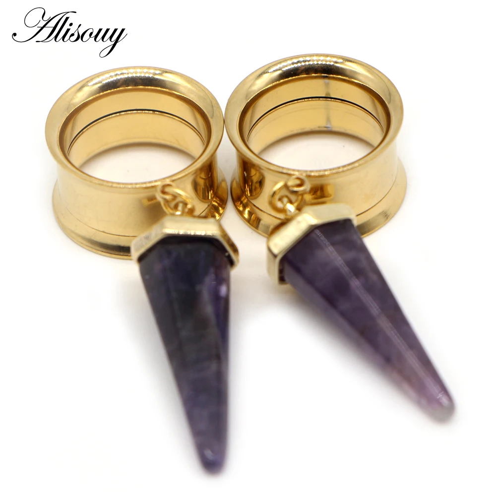 Alisouy 2pcs Surgical Steel Opal Purple Stone Ear Plug Tunnel Expander Ear Gauges Cone Internally Thread Piercing Body Jewelry