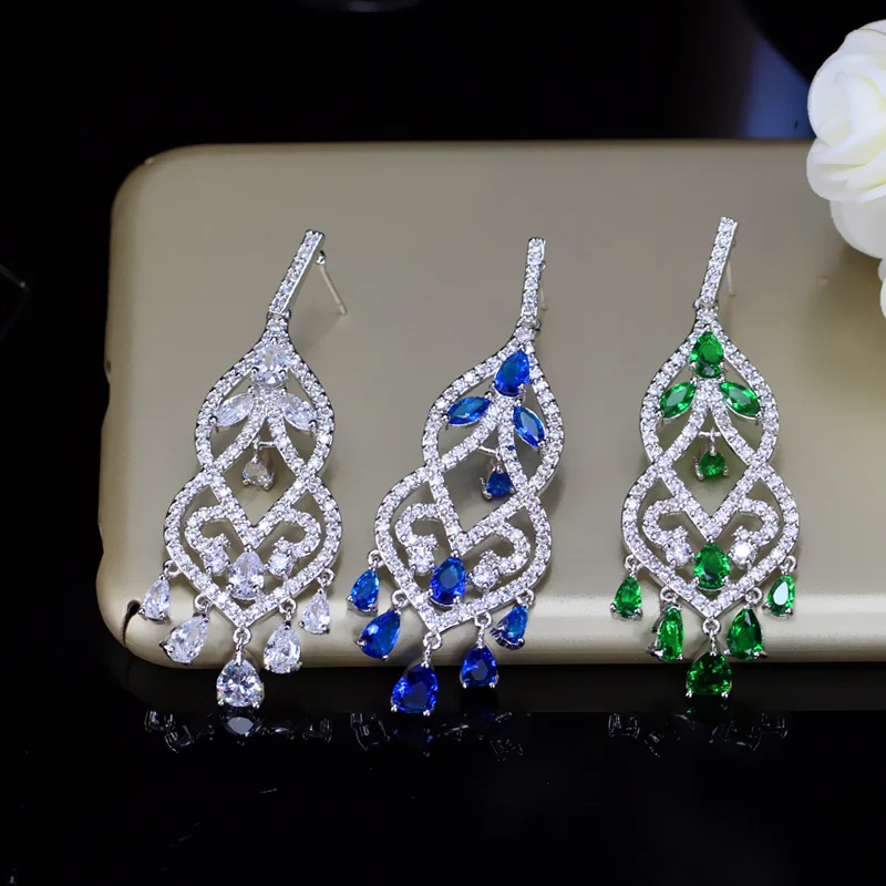 BeaQueen Famous Designer Women Jewelry Noble Green Cubic Zircon Long Drop Bridal Wedding Chandelier Earrings for Brides E049