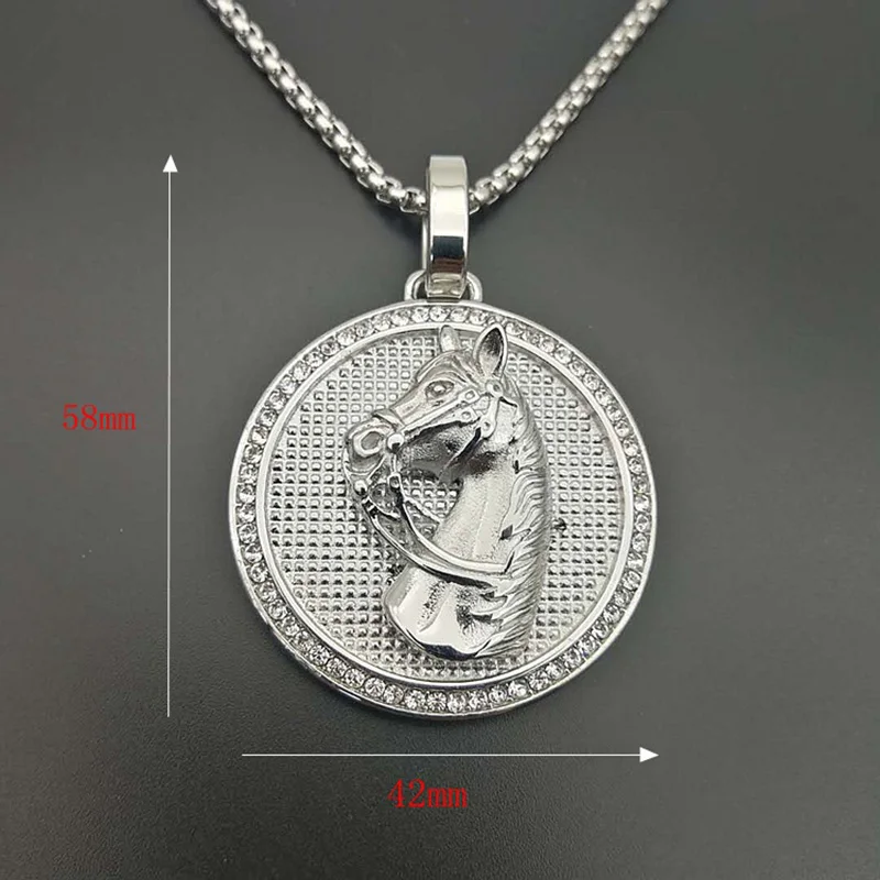 Micro Paved AAA CZ Stone Iced Out Bling Horse Round Pendant Necklace Gold Color 316L Stainless Steel Men Hip Hop Rock Jewelry