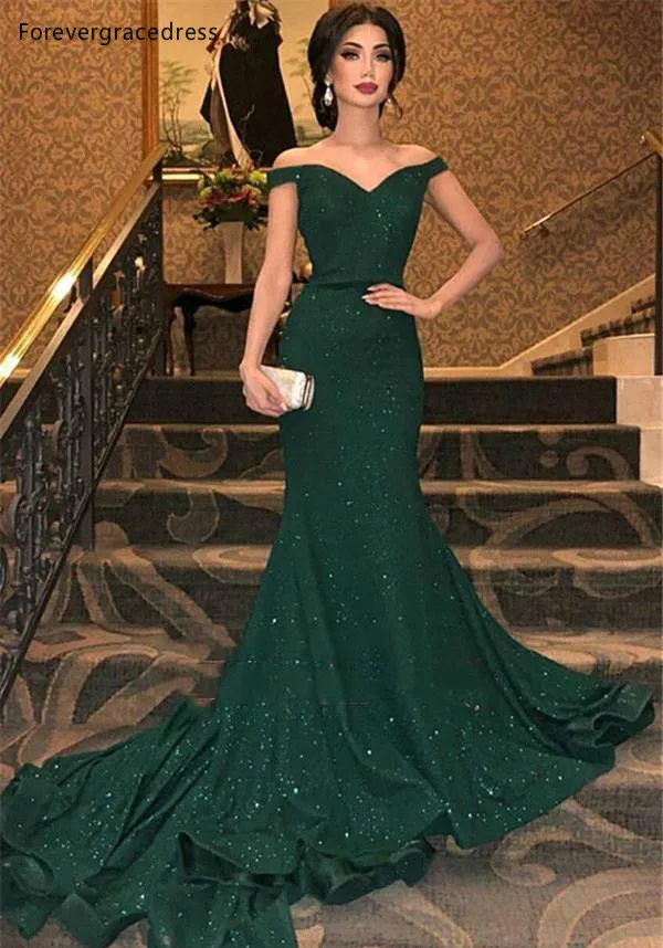 Dark Green Sequined Evening Dresses Mermaid Off Shoulders Formal Women Holiday Wear Celebrity Party Gowns Plus Size Custom Made