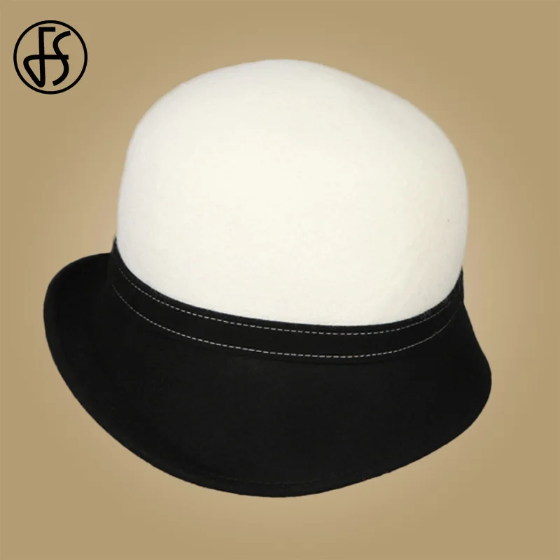 FS Wide Brim White Wool Hats Bow Bowler Fedora Hat For Women Chapeau Femme Feutre Winter Cloche Ladies Church Felt Fedoras Caps