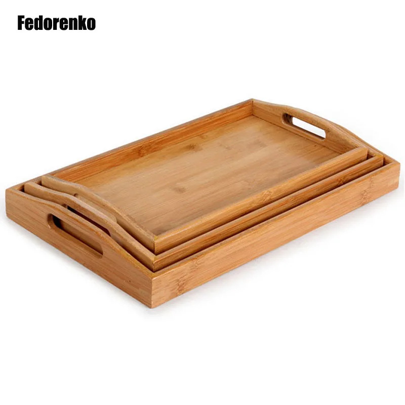 3 Pcs / lot rectangular tea bamboo tray basket hotel Home daily fruit tableware plate Sundry food Storage Trays dienbladen hout