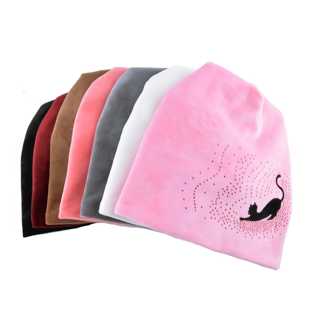 Winter Hat Scarf Sets women\'s Beanies Knitted wool Skullies Hip Hop cap Rhinestone cat gorros Plus velvet warm hats for women