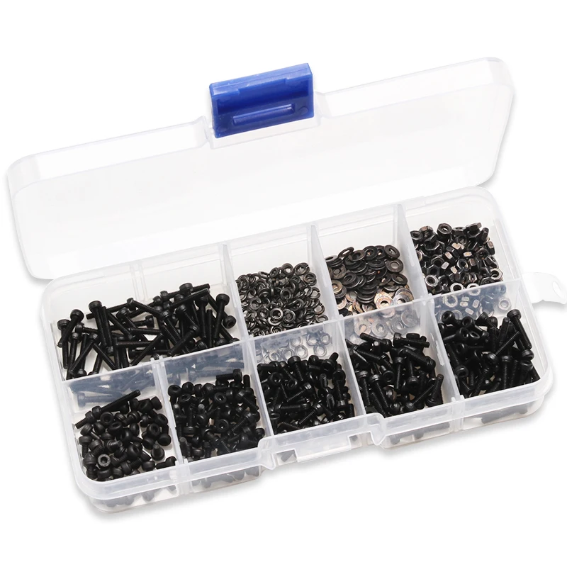 

600PCS Black Column Head Hex Socket Screws Bolt Nut Flat Pad Washers Spring Kit Assortment with Plastic Case