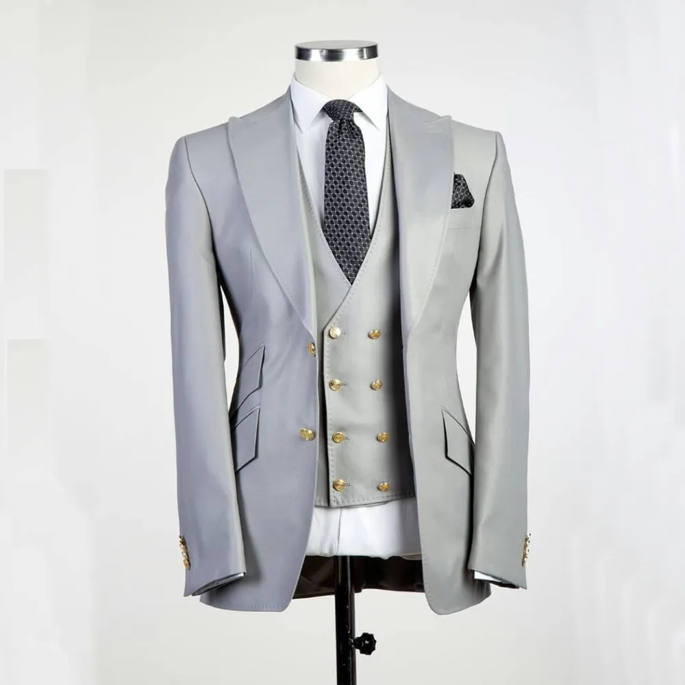 

Tailored Smoking Grey Men Suit Slim Fit 3 Piece Peaked Lapel Tuxedo Groom Wedding Suits Jacket Prom Blazer Terno Masculino