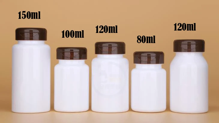 100pcs 80ml/100ml/120ml/150ml White Color PET Bottles With Brown Color Flip Caps, Capsules/Pills/Powder/Vitamin Plastic Bottles